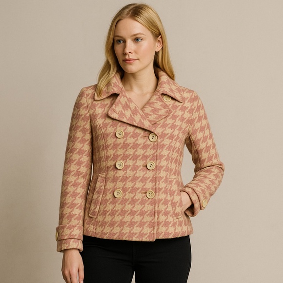 COFFEESHOP Pink Houndstooth Wool Pea Coat Retro Glam Twee Medium M - Picture 1 of 16